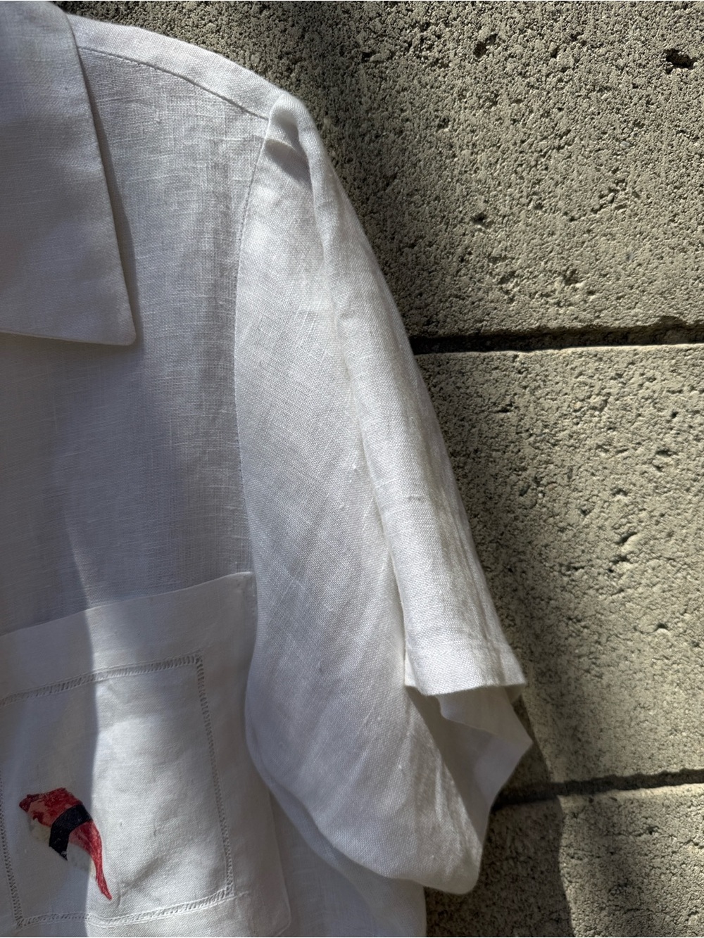 White Linen Short-Sleeve Button-Up Shirt with Sushi Prints - Picture 6 of 8